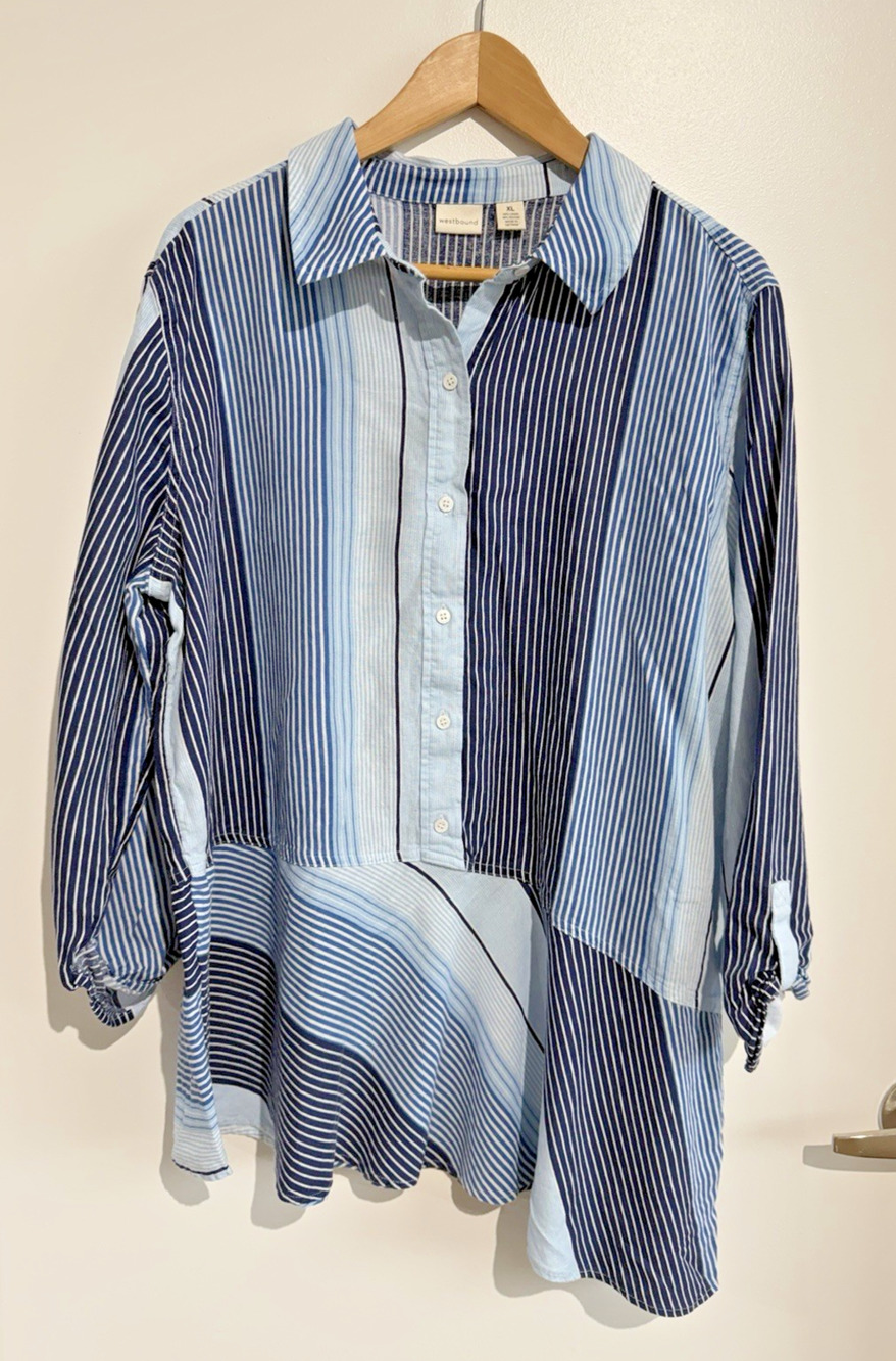 Linen blend Striped Blue Blouse peplum Asymmetrical Cottagecore peasant Sz-XL